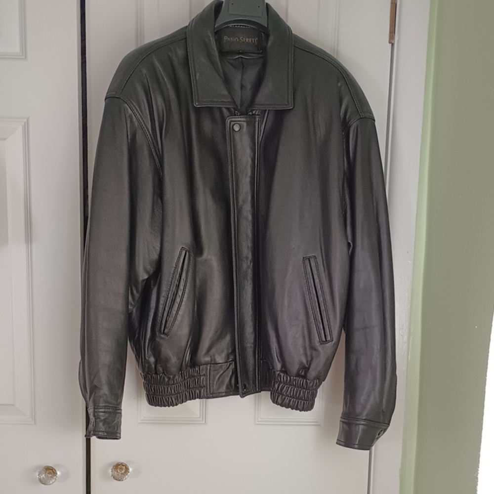 Black Leather Bomber Jacket Sz L Pano Sereti New York Vintage Quiet Luxury Soft